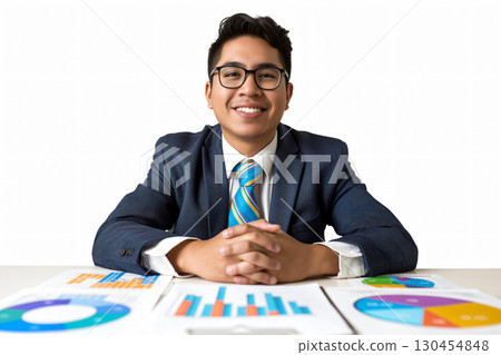 Young businessman is smiling at his desk while reviewing positive business results on charts and graphs 130454848