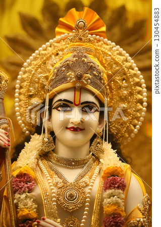 Lord Rama, a central Hindu deity, is depicted in a statue, wearing elaborate gold jewelry and holding his iconic bow and arrow Lord Rama, a central Hindu deity, is depicted in a statue, wearing elaborate gold jewelry and holding his iconic bow and arrow 130454883