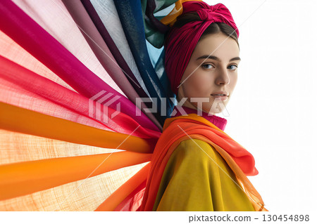 Fashion designer is posing with colorful fabrics draped over her shoulder in a studio setting 130454898
