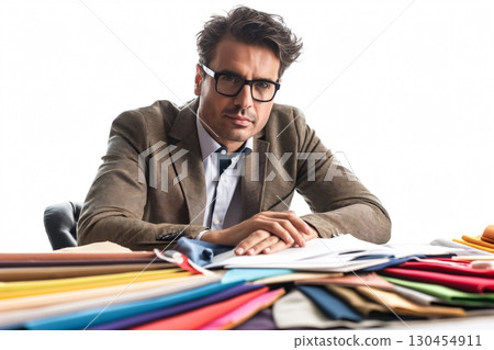 Fashion designer is sitting at his desk, reviewing fabric swatches for his upcoming collection 130454911