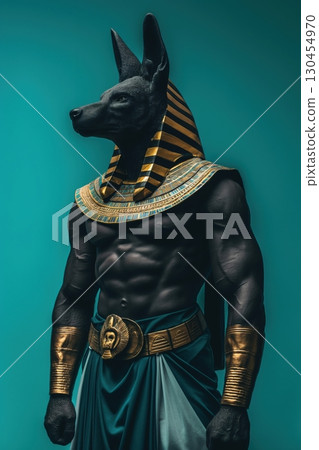 Muscular man wearing an elaborate Anubis costume with a jackal head and golden adornments is posing on a green background Muscular man wearing an elaborate Anubis costume with a jackal head and golden adornments is posing on a green background 130454970