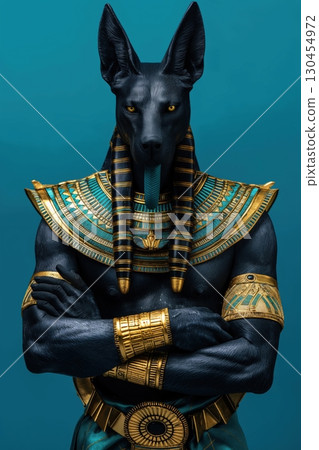 Statue of Anubis, the ancient Egyptian god of the afterlife, standing with arms crossed, adorned in gold and blue Statue of Anubis, the ancient Egyptian god of the afterlife, standing with arms crossed, adorned in gold and blue 130454972