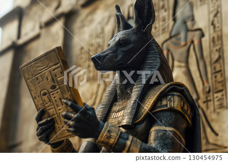 Anubis, the Egyptian god of the afterlife, is solemnly reading from a golden tablet inscribed with ancient hieroglyphics 130454975