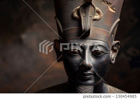 Weathered Osiris statue is illuminated by soft studio lighting, highlighting the craftsmanship of the piece 130454985