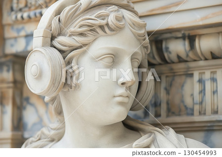 Classical marble statue of Athena, the Greek goddess of wisdom, is wearing a modern set of headphones 130454993