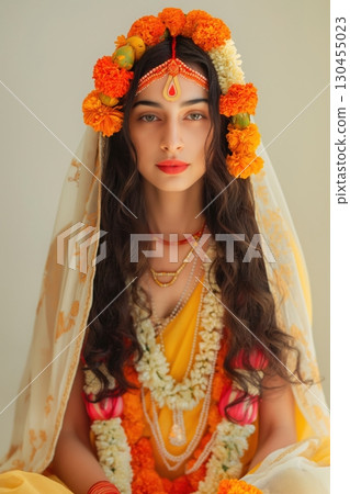 Beautiful Indian woman wearing a flower garland and traditional gold jewelry poses in a studio setting 130455023