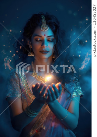 Beautiful Indian woman wearing authentic jewelry and traditional clothing holding fire in her hands with her eyes closed 130455027