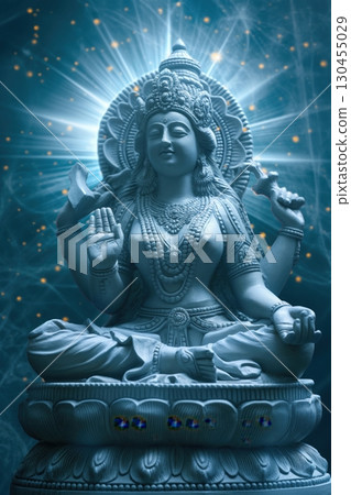 White statue of goddess Sarasvati, the embodiment of knowledge, music, art, wisdom, and learning, sitting and holding a veena 130455029