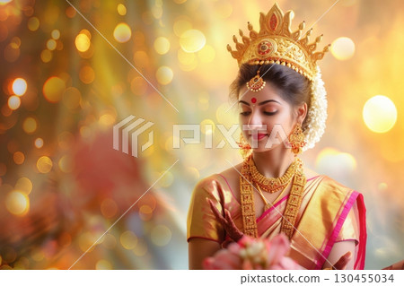 Beautiful Indian woman wearing traditional gold jewelry and holding a lotus flower posing as goddess Sita for Diwali festival 130455034