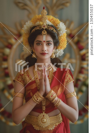 Indian woman is posing with her hands joined, wearing a red and gold sari and lots of gold jewelry 130455037