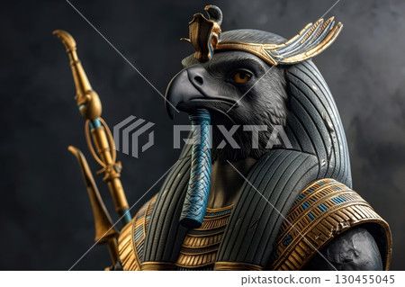 Horus the falcon god of kingship and the sky, wearing the pschent crown, holding a golden was sceptre, a symbol of power, rule and dominion 130455045