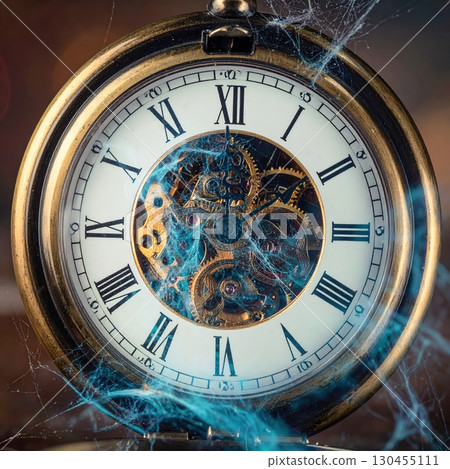 Old pocket watch covered with spider webs showing broken gears, symbolizing passing time, decay, and gothic horror fantasy 130455111