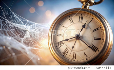 Golden pocket watch lying on spider webs, symbolizing fragile balance between time, decay, and surreal gothic fantasy Golden pocket watch lying on spider webs, symbolizing fragile balance between time, decay, and surreal gothic fantasy 130455115