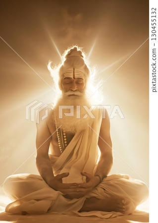 Old Hindu priest with a long beard wearing a white dhoti is sitting in a lotus position and meditating with his eyes closed 130455132