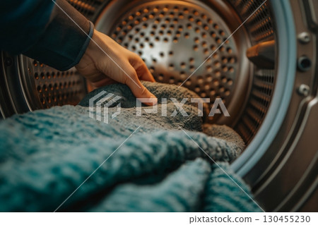 Man is loading a soft green towel into a modern clothes dryer, ready for a drying cycle 130455230