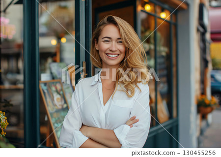 Young female entrepreneur is smiling with her arms crossed in front of her shop on a sunny day 130455256