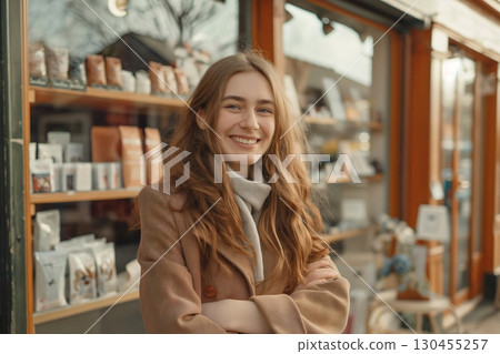 Young businesswoman is smiling with her arms crossed, standing in front of her store 130455257