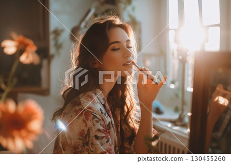 Young woman is applying lipstick in the morning sun, getting ready for the day Young woman is applying lipstick in the morning sun, getting ready for the day 130455260