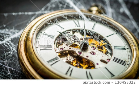 Broken pocket watch with spider webs covering gears, symbol of lost time, decay, and gothic surreal horror 130455322