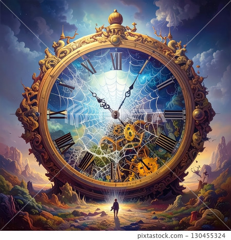 Majestic golden fantasy clock in surreal dreamlike landscape glowing with magical sky and spider webs, symbolizing endless passage of time 130455324