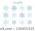 Vector illustration set of various hand-drawn snowflakes (light blue line drawings) 130455335