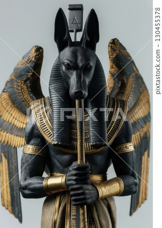Black and gold statue of anubis the egyptian god of the afterlife holding a staff and wearing gold armbands 130455378