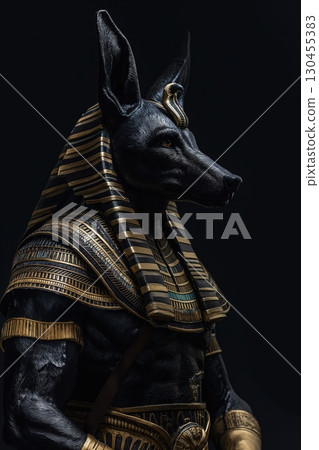 Majestic statue of anubis, the ancient egyptian god of death and the afterlife, stands solemnly, adorned in ornate gold attire, against a stark black backdrop 130455383