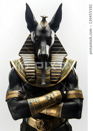 Majestic statue of anubis, the ancient egyptian god of the afterlife, standing with arms crossed, showcasing intricate details and a powerful presence 130455392