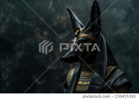 Black statue of anubis wearing a golden mask and looking right with a dark background 130455393