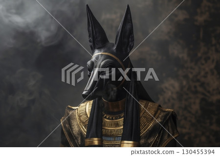 Majestic statue of anubis, the egyptian god of the afterlife, is surrounded by smoke, creating a mysterious and ancient atmosphere 130455394