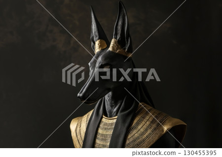 Black jackal god anubis statue wearing a golden headband is looking down with a dark background 130455395