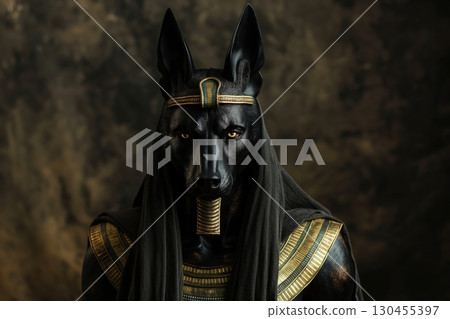 Dark and dramatic depiction of anubis, the egyptian god of death, wearing gold and black 130455397