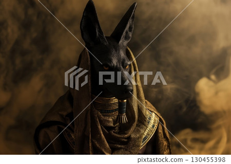 Anubis the egyptian god of death is wearing gold and looking right with a smoky background 130455398