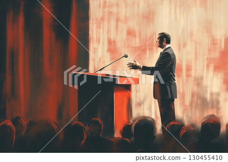 Politician is gesturing while delivering a speech from a tribune to a large crowd Politician is gesturing while delivering a speech from a tribune to a large crowd 130455410
