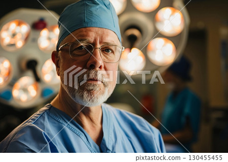 Surgeon is posing for a portrait in an operating room with surgical lights behind him and a nurse out of focus Surgeon is posing for a portrait in an operating room with surgical lights behind him and a nurse out of focus 130455455