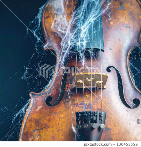 Vintage violin surrounded by cobwebs glowing in mysterious light with eerie haunted Halloween mood Vintage violin surrounded by cobwebs glowing in mysterious light with eerie haunted Halloween mood 130455559