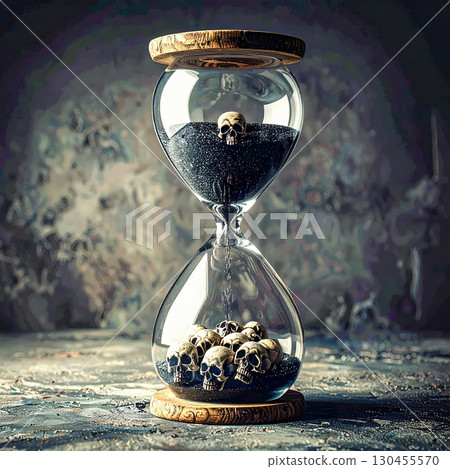 Ancient hourglass filled with dark sand and human skulls glowing faintly with ominous cursed Halloween atmosphere Ancient hourglass filled with dark sand and human skulls glowing faintly with ominous cursed Halloween atmosphere 130455570