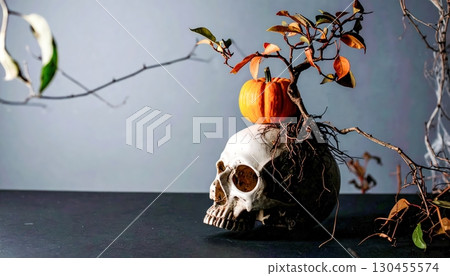 Skull decorated with autumn branches and small pumpkin in eerie Halloween concept Skull decorated with autumn branches and small pumpkin in eerie Halloween concept 130455574