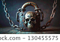 Ancient padlock with skull face surrounded by heavy chains in gothic horror concept 130455575