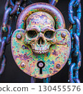 Rusty vintage padlock shaped like a skull with heavy chains in surreal gothic horror art 130455576