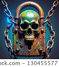 Chained rusty padlock with glowing skull design in mysterious horror atmosphere 130455577