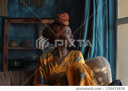 Young black woman wearing traditional african clothes is sitting on a sofa and looking out the window 130455636