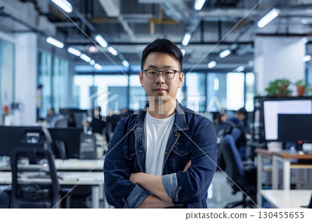 Young asian entrepreneur is standing in his busy open plan office with his arms crossed 130455655