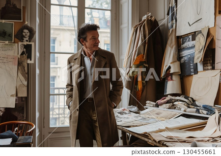 Fashion designer is looking away while standing in his parisian workshop full of sketches and fabrics 130455661
