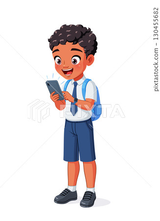 Happy young Indian boy looking excitedly at his cell phone. Cartoon vector illustration. Happy young Indian boy looking excitedly at his cell phone. Cartoon vector illustration. 130455682