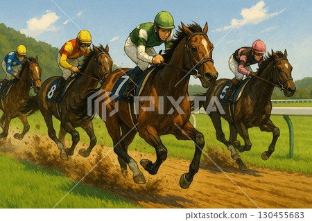 Horse racing on a turf course: Green scenery and fierce battle for the lead 130455683