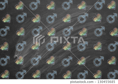 Chalk drawing of rainbow hearts and male  gender symbols, 130455685