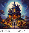 Spooky haunted mansion glowing under a full moon with eerie atmosphere, pumpkins, and bats. 130455738
