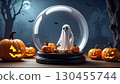 Cute Halloween ghost trapped inside a glowing snow globe with carved pumpkins around. 130455744