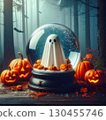 Spooky Halloween ghost glowing inside a glass snow globe with jack o lanterns. 130455746